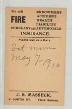 Joseph S. Masseck - Real Estate Insurance - Reverse, Perkins Collection 1850 to 1900 Advertising Cards